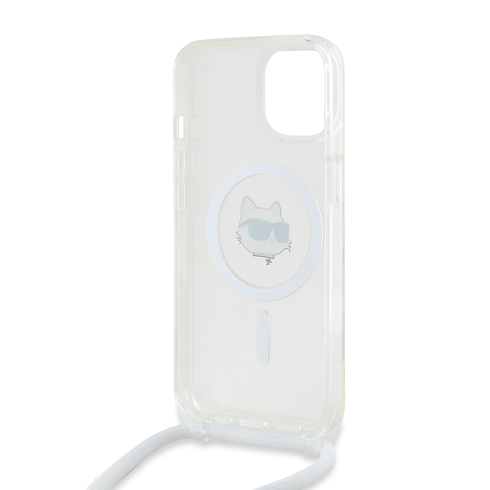 MagSafe-skal för Apple iPhone 15, Karl Lagerfeld, IML Crossbody Choupette's Head with Strap, Transparent