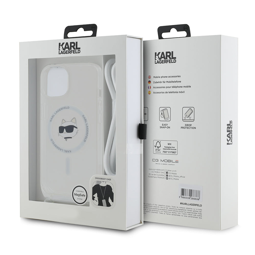 MagSafe-skal för Apple iPhone 15, Karl Lagerfeld, IML Crossbody Choupette's Head with Strap, Transparent