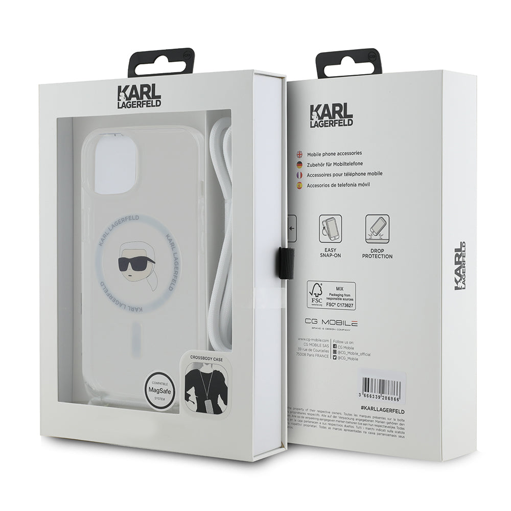 MagSafe Case for Apple iPhone 15, Karl Lagerfeld, IML Crossbody Karl's Head, Transparent