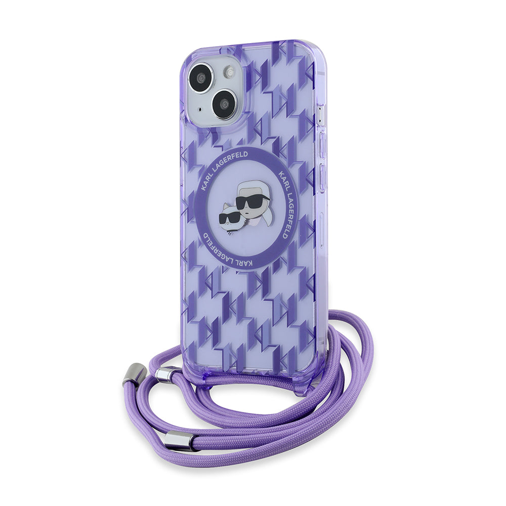 MagSafe-fodral för Apple iPhone 15, Karl Lagerfeld, IML Crossbody Monogram Karl & Choupette's Heads, Lila