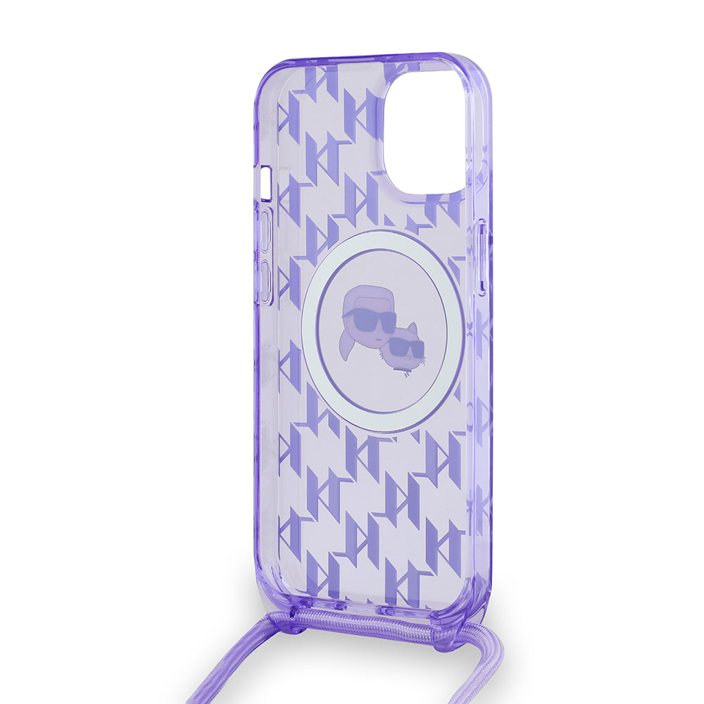 MagSafe-fodral för Apple iPhone 15, Karl Lagerfeld, IML Crossbody Monogram Karl & Choupette's Heads, Lila