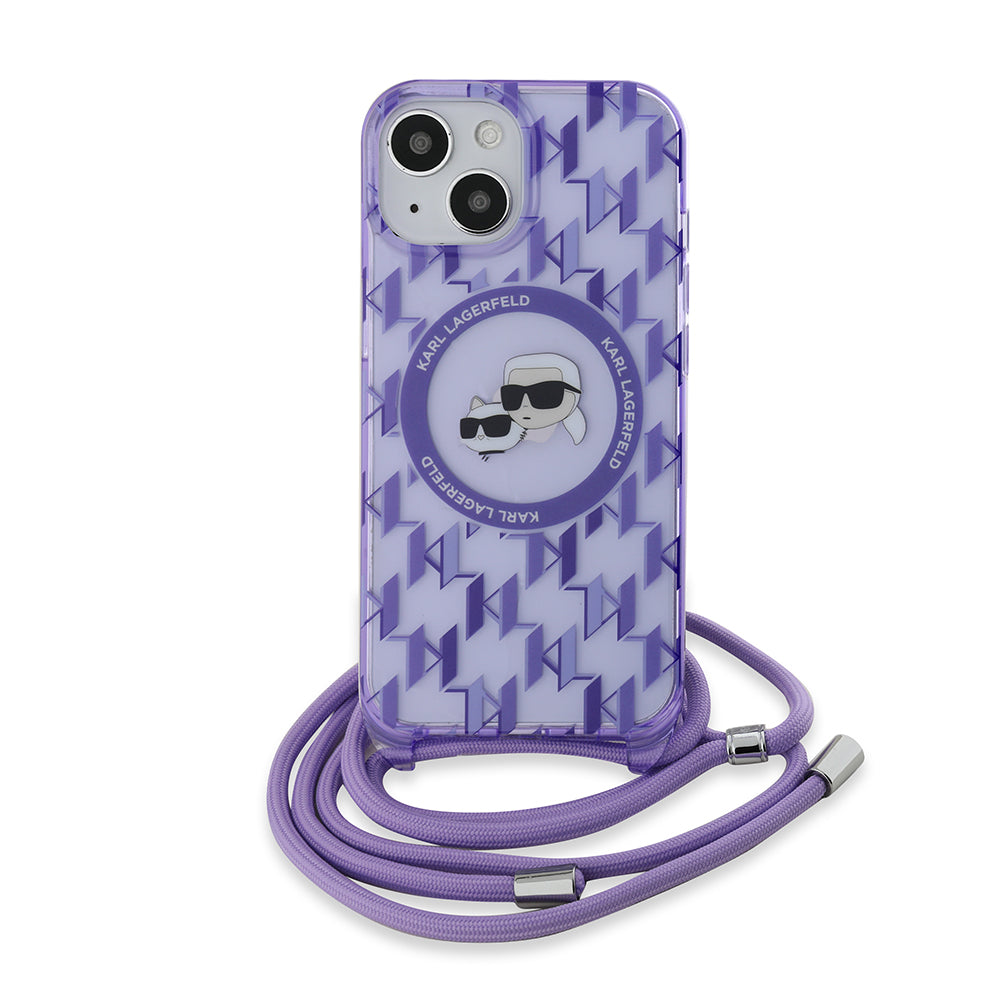 MagSafe-fodral för Apple iPhone 15, Karl Lagerfeld, IML Crossbody Monogram Karl & Choupette's Heads, Lila