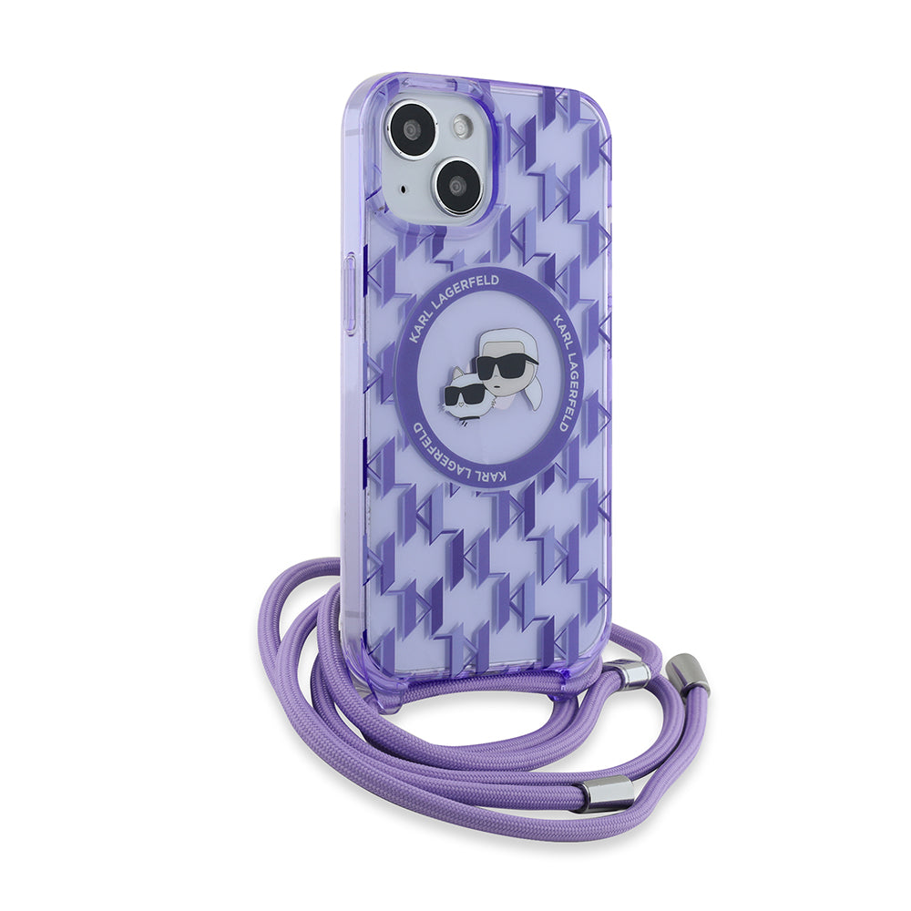 MagSafe-fodral för Apple iPhone 15, Karl Lagerfeld, IML Crossbody Monogram Karl & Choupette's Heads, Lila