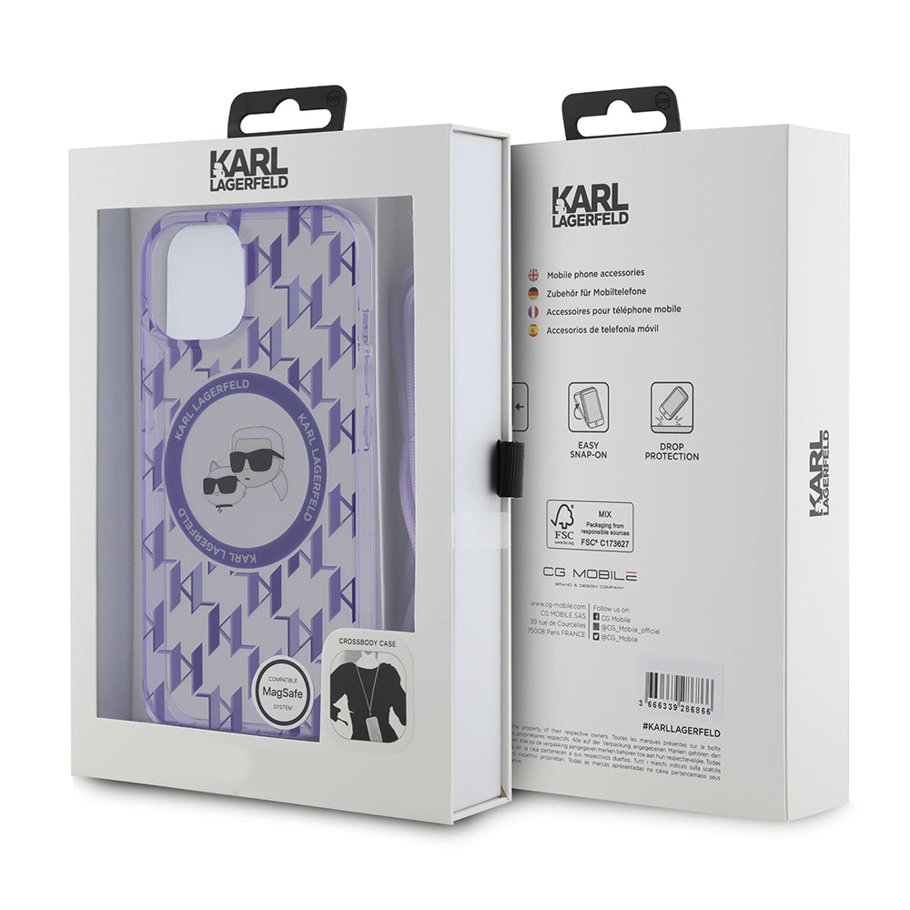 MagSafe-fodral för Apple iPhone 15, Karl Lagerfeld, IML Crossbody Monogram Karl & Choupette's Heads, Lila