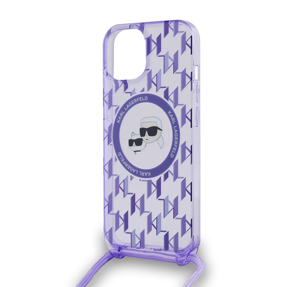 MagSafe-fodral för Apple iPhone 15, Karl Lagerfeld, IML Crossbody Monogram Karl & Choupette's Heads, Lila