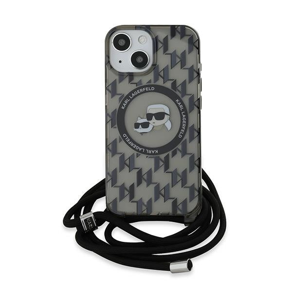 MagSafe-fodral för Apple iPhone 15, Karl Lagerfeld, IML Crossbody Monogram Karl & Choupette's Heads, Svart