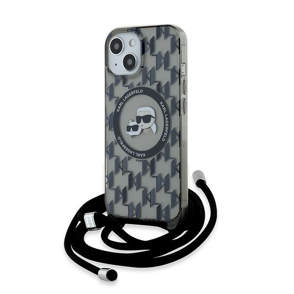 MagSafe-fodral för Apple iPhone 15, Karl Lagerfeld, IML Crossbody Monogram Karl & Choupette's Heads, Svart