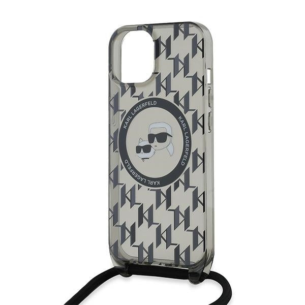 MagSafe-fodral för Apple iPhone 15, Karl Lagerfeld, IML Crossbody Monogram Karl & Choupette's Heads, Svart
