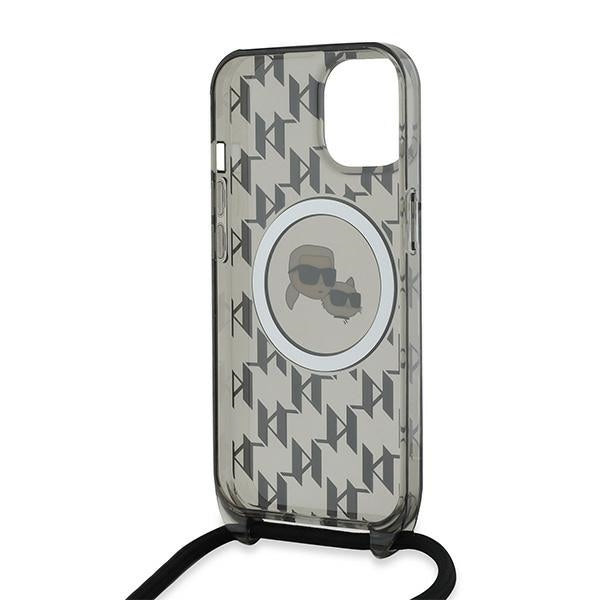 MagSafe-fodral för Apple iPhone 15, Karl Lagerfeld, IML Crossbody Monogram Karl & Choupette's Heads, Svart