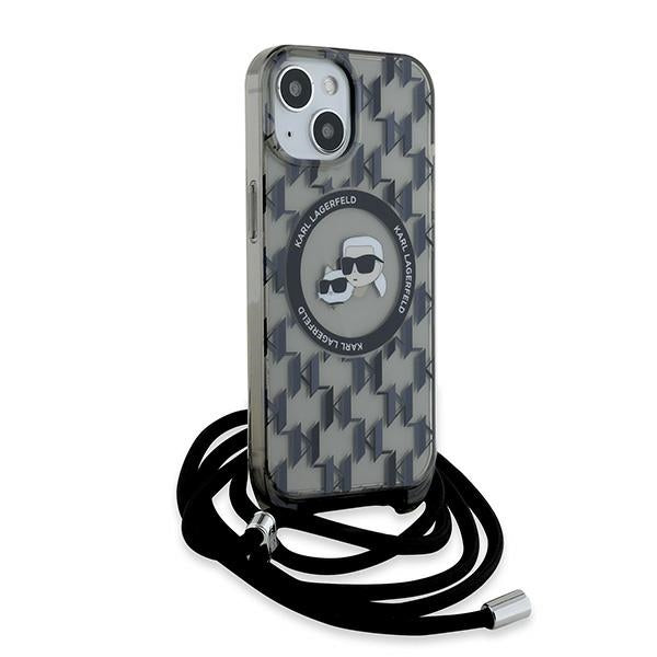 MagSafe-fodral för Apple iPhone 15, Karl Lagerfeld, IML Crossbody Monogram Karl & Choupette's Heads, Svart