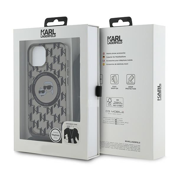 MagSafe-fodral för Apple iPhone 15, Karl Lagerfeld, IML Crossbody Monogram Karl & Choupette's Heads, Svart