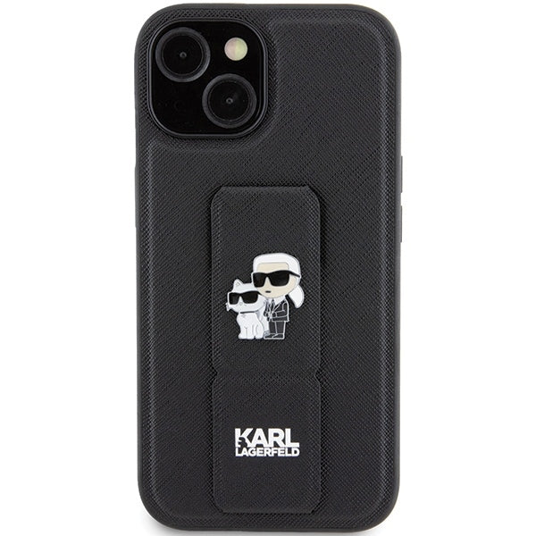 MagSafe-fodral för Apple iPhone 15 Plus / 14 Plus, Karl Lagerfeld, Saffiano Gripstand Karl & Choupette, Svart