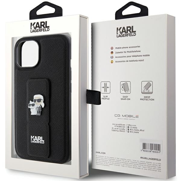 MagSafe-fodral för Apple iPhone 15 Plus / 14 Plus, Karl Lagerfeld, Saffiano Gripstand Karl & Choupette, Svart