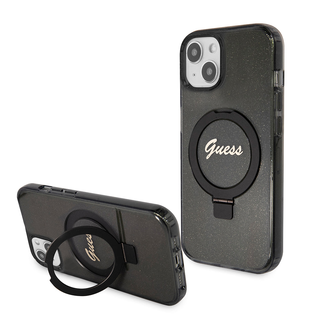 MagSafe-skal för Apple iPhone 15 Plus, Guess, Ring Stand Script Glitter, Svart