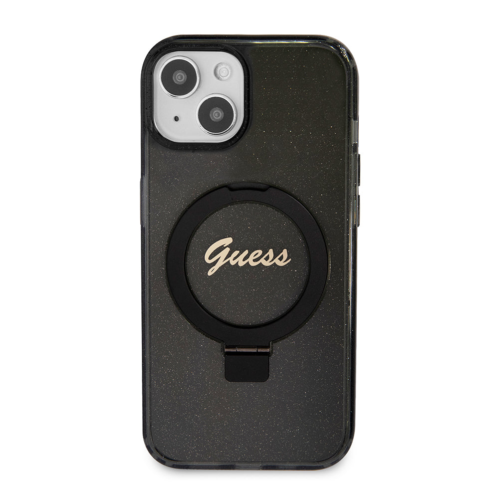 MagSafe-skal för Apple iPhone 15 Plus, Guess, Ring Stand Script Glitter, Svart