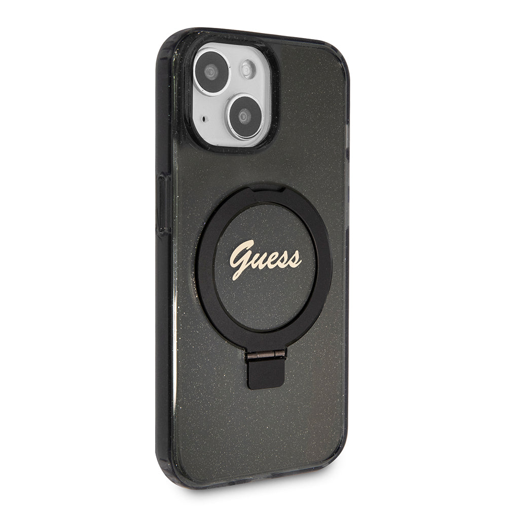 MagSafe-skal för Apple iPhone 15 Plus, Guess, Ring Stand Script Glitter, Svart