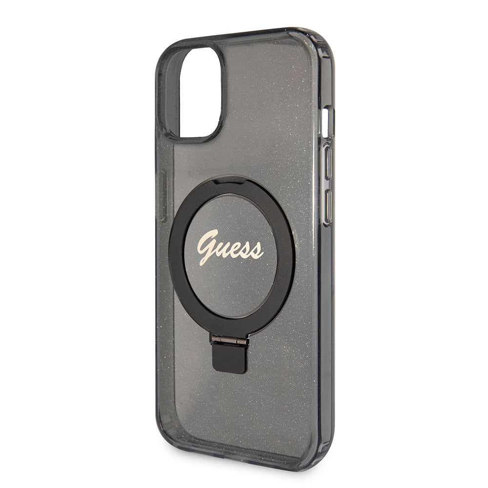 MagSafe-skal för Apple iPhone 15 Plus, Guess, Ring Stand Script Glitter, Svart