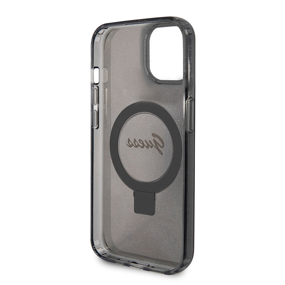 MagSafe-skal för Apple iPhone 15 Plus, Guess, Ring Stand Script Glitter, Svart