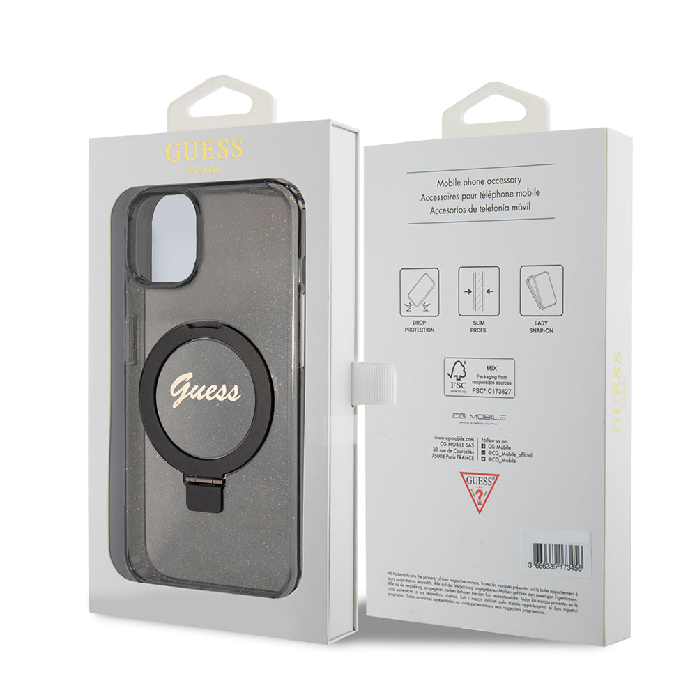 MagSafe-skal för Apple iPhone 15 Plus, Guess, Ring Stand Script Glitter, Svart