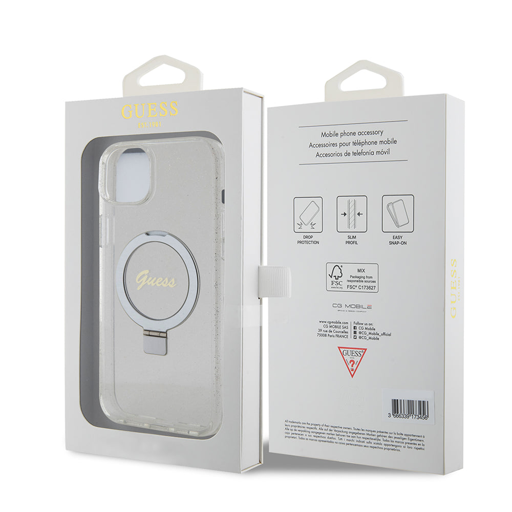 MagSafe-skal för Apple iPhone 15 Plus, Guess, Ring Stand Script Glitter, Transparent