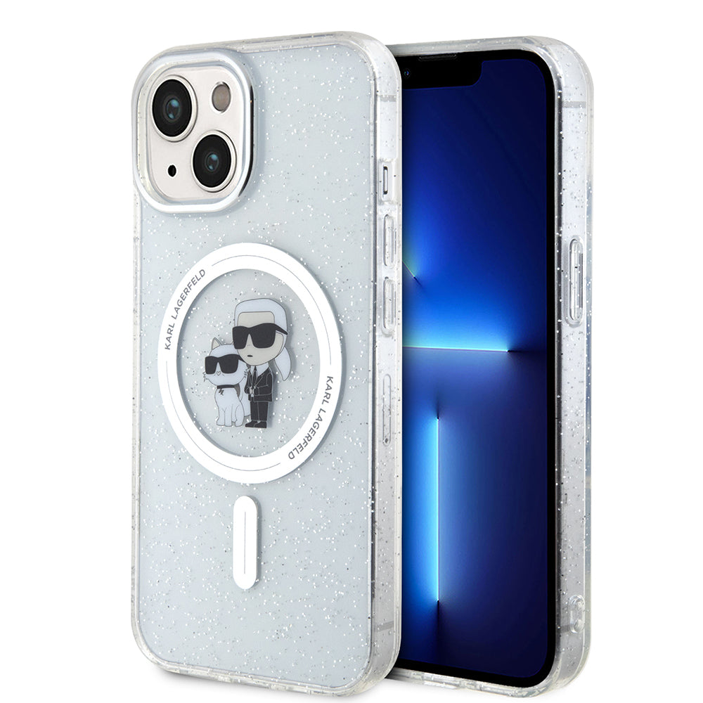 MagSafe Case for Apple iPhone 15 Plus, Karl Lagerfeld, Glitter Karl & Choupette, Transparent