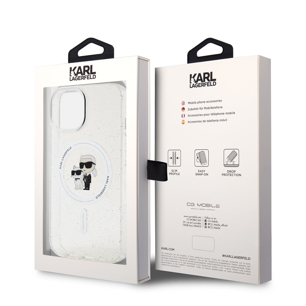 MagSafe Case for Apple iPhone 15 Plus, Karl Lagerfeld, Glitter Karl & Choupette, Transparent