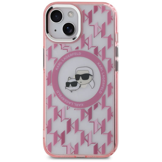 MagSafe Case for Apple iPhone 15 Plus, Karl Lagerfeld, IML Monogram Karl & Choupette's Heads, Pink