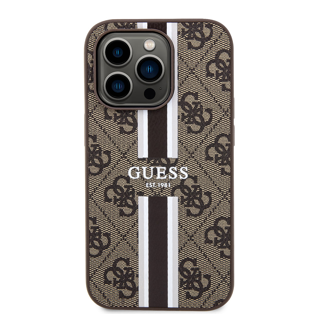 MagSafe Case for Apple iPhone 15 Pro, Guess, 4G Printed Stripes, Brown