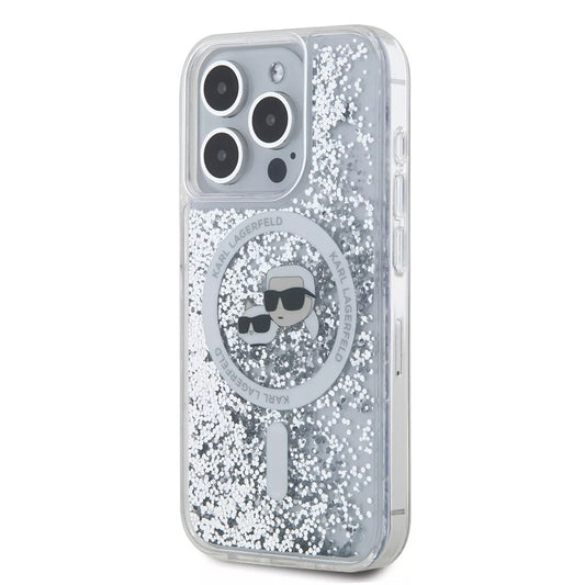 MagSafe-skal för Apple iPhone 15 Pro, Karl Lagerfeld, Liquid Glitter Karl & Choupette's Heads, Transparent