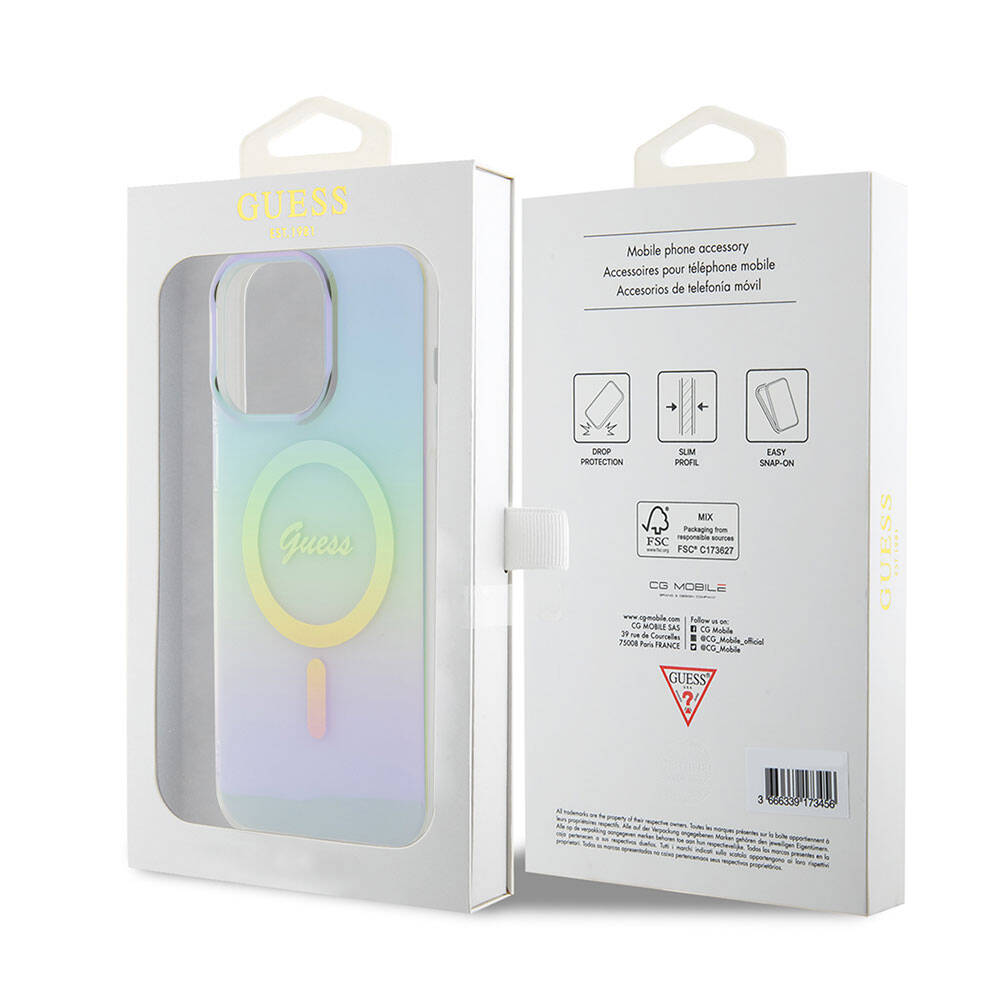 MagSafe Case for Apple iPhone 15 Pro Max, Guess, IML Iridescent, Turquoise