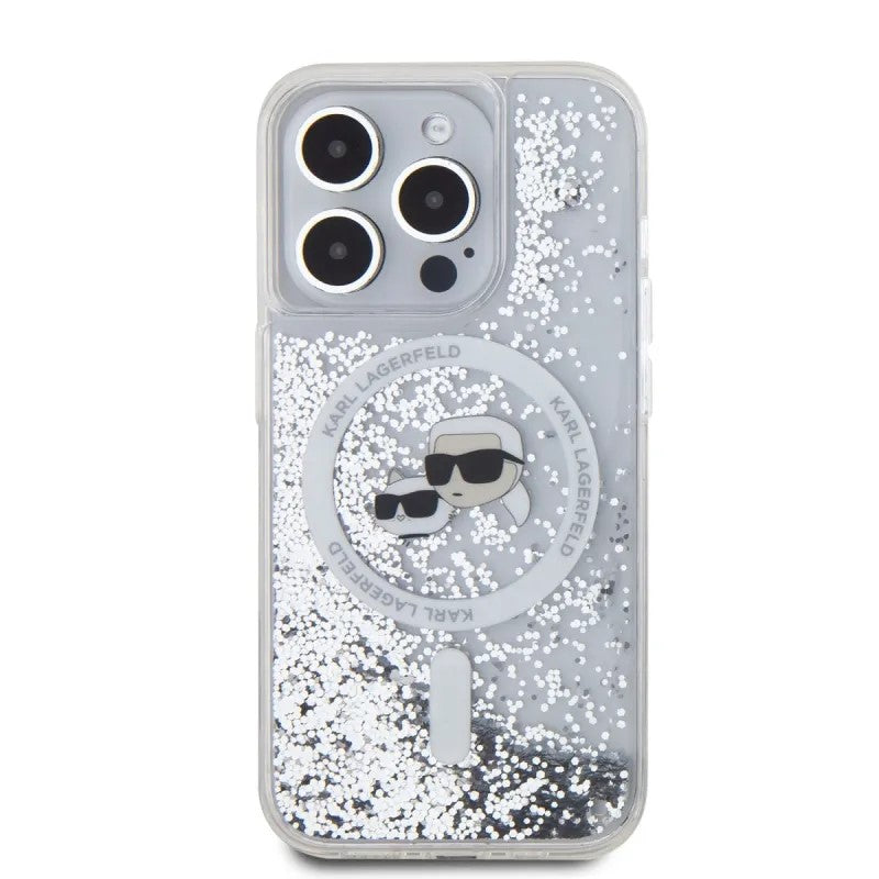 MagSafe-skal för Apple iPhone 15 Pro Max, Karl Lagerfeld, Liquid Glitter Karl & Choupette's Heads, Transparent