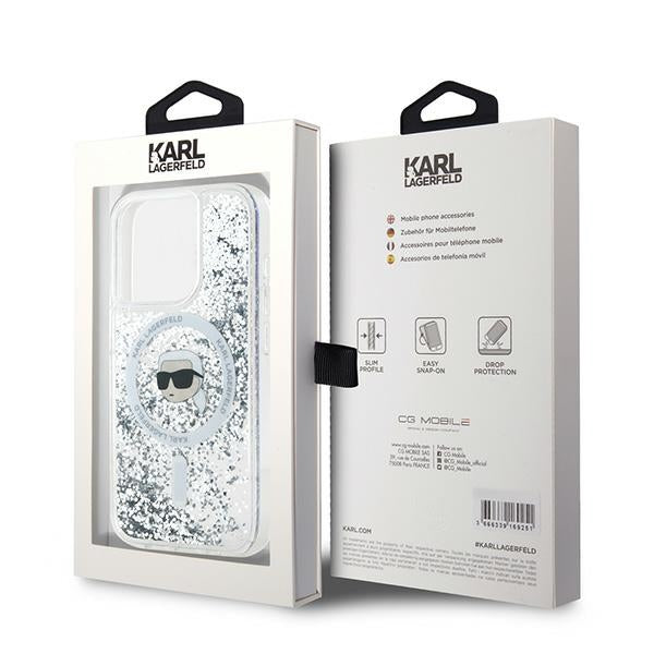 MagSafe-skal för Apple iPhone 15 Pro Max, Karl Lagerfeld, Liquid Glitter Karl's Head, Transparent