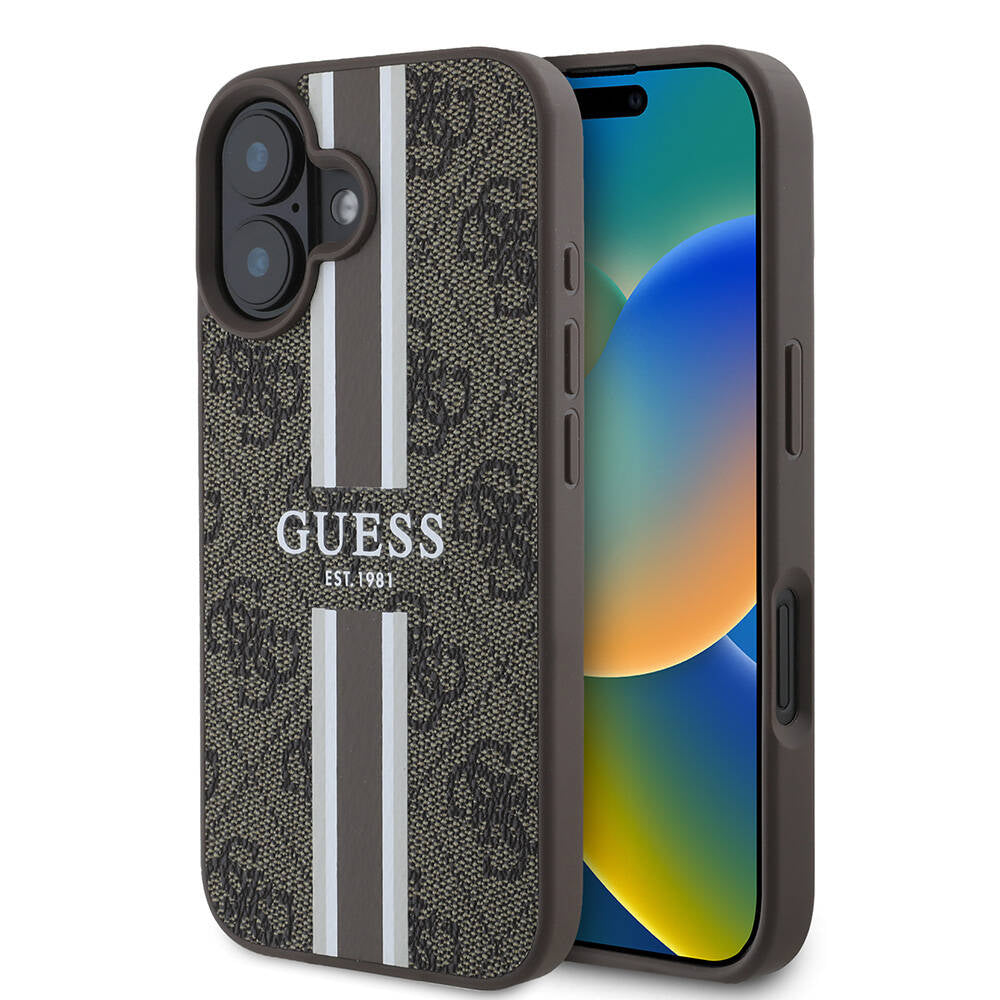 MagSafe Case for Apple iPhone 16, Guess, 4G Printed Stripes, Brown