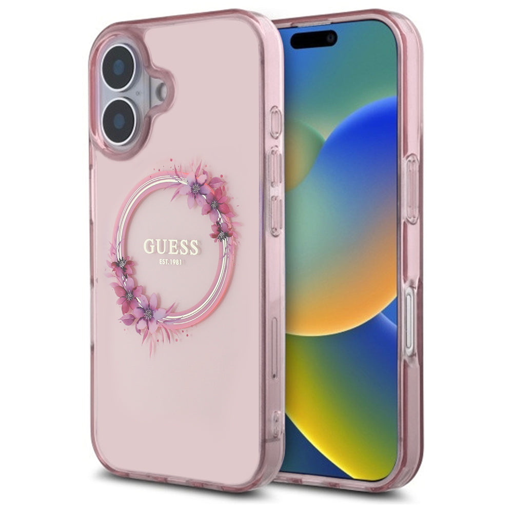 MagSafe-skal för Apple iPhone 16, Guess, IML Flowers Wreath, Rosa
