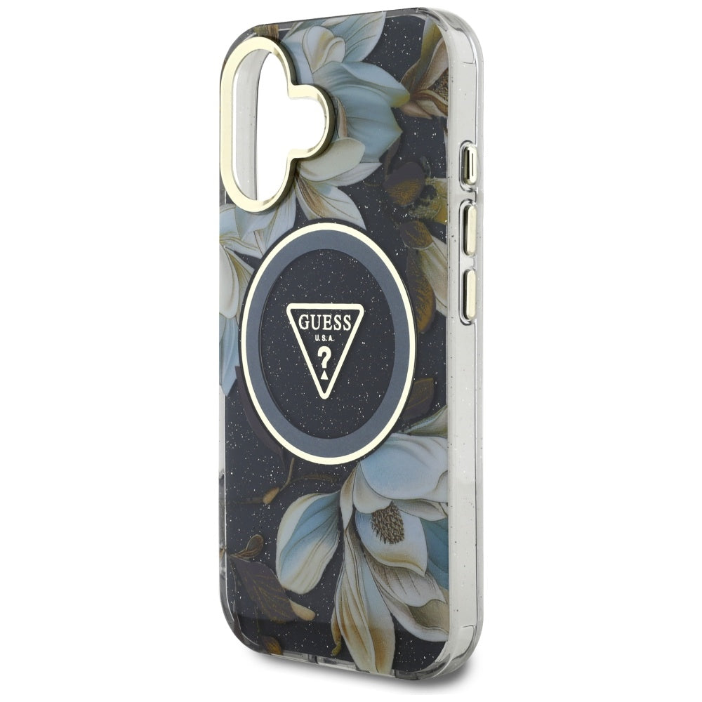 MagSafe Case for Apple iPhone 16, Guess, IML Metal Glitter Flowers Triangle, Black