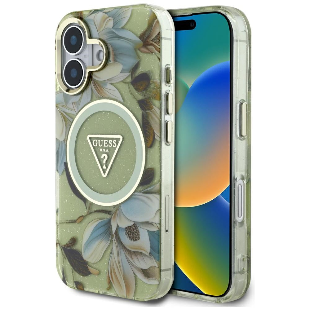 MagSafe-skal för Apple iPhone 16, Guess, IML Metal Glitter Flowers Triangle, Grön