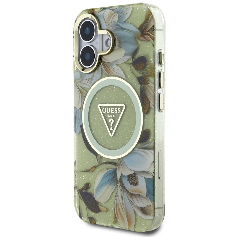 MagSafe-skal för Apple iPhone 16, Guess, IML Metal Glitter Flowers Triangle, Grön