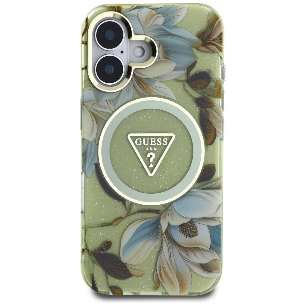 MagSafe-skal för Apple iPhone 16, Guess, IML Metal Glitter Flowers Triangle, Grön