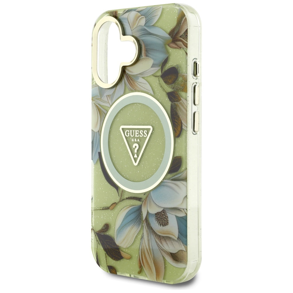 MagSafe-skal för Apple iPhone 16, Guess, IML Metal Glitter Flowers Triangle, Grön