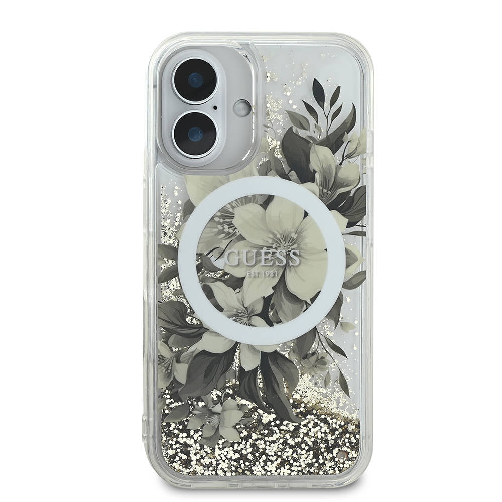 MagSafe-fodral för Apple iPhone 16, Guess, Liquid Glitter Flower, Beige