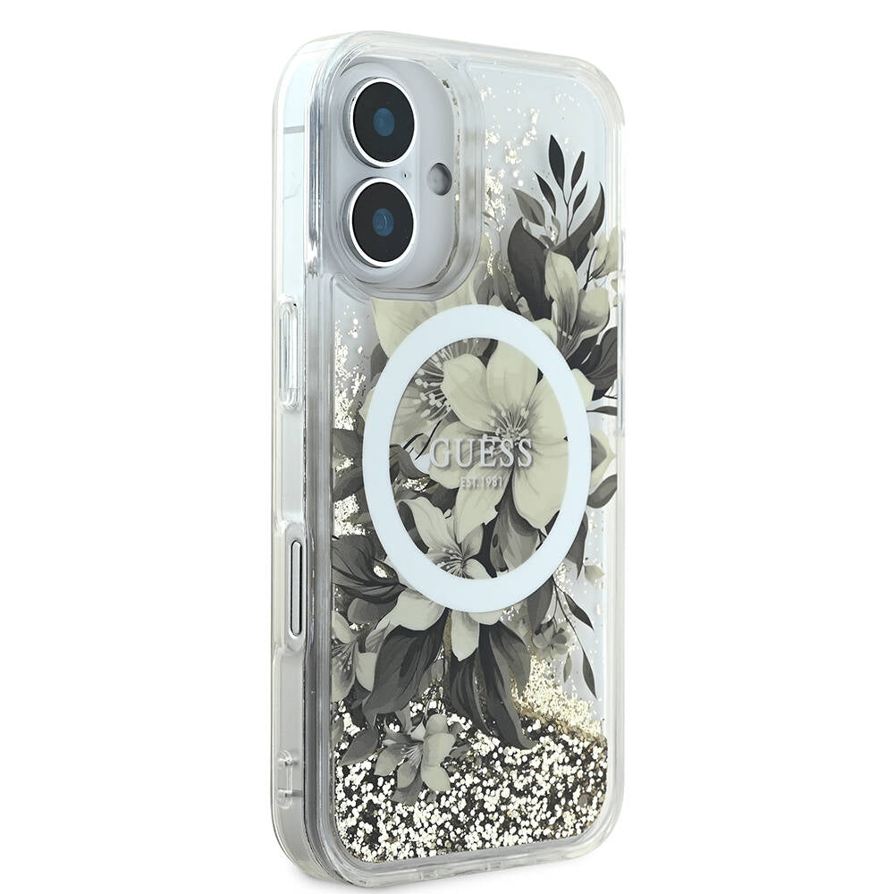 MagSafe-fodral för Apple iPhone 16, Guess, Liquid Glitter Flower, Beige
