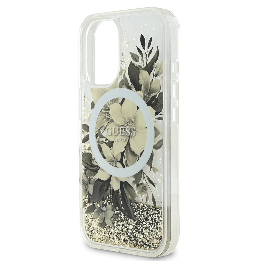 MagSafe-fodral för Apple iPhone 16, Guess, Liquid Glitter Flower, Beige