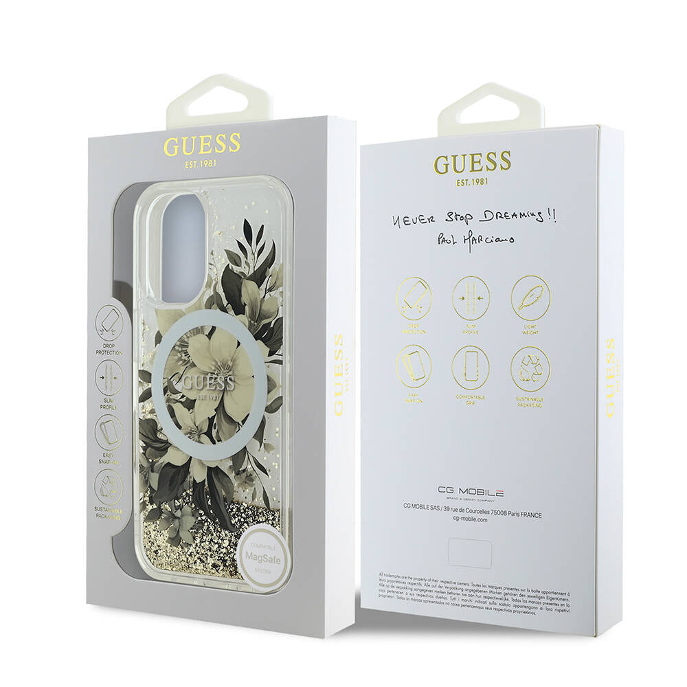 MagSafe-fodral för Apple iPhone 16, Guess, Liquid Glitter Flower, Beige