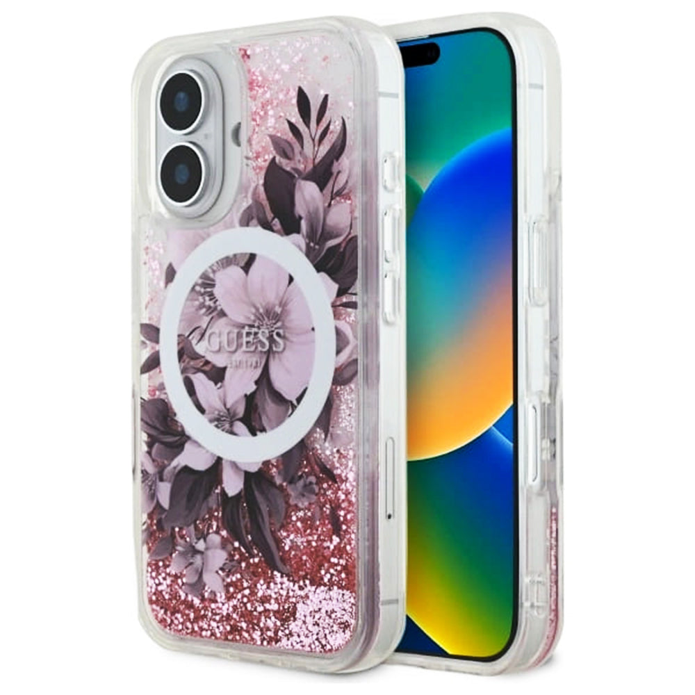 MagSafe-skal för Apple iPhone 16, Guess, Liquid Glitter Flower, Rosa