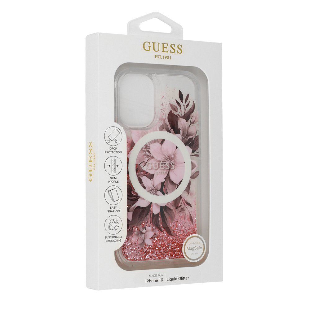 MagSafe-skal för Apple iPhone 16, Guess, Liquid Glitter Flower, Rosa