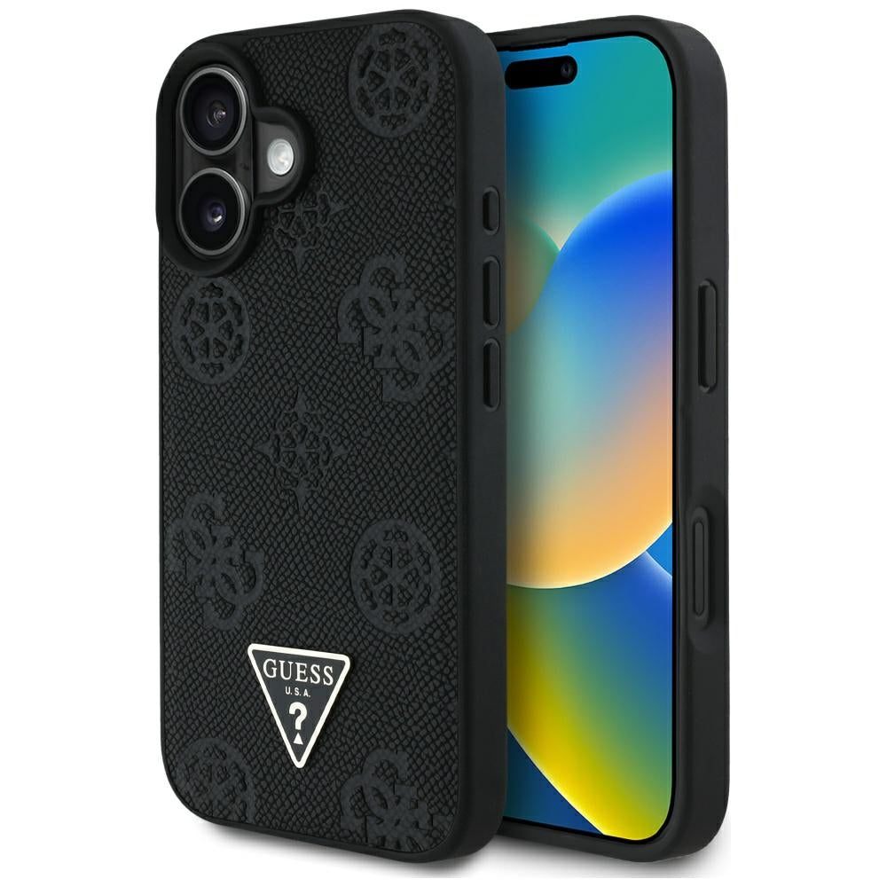 MagSafe-skal för Apple iPhone 16, Guess, Peony Grained Hot Stamp Triangle, Svart