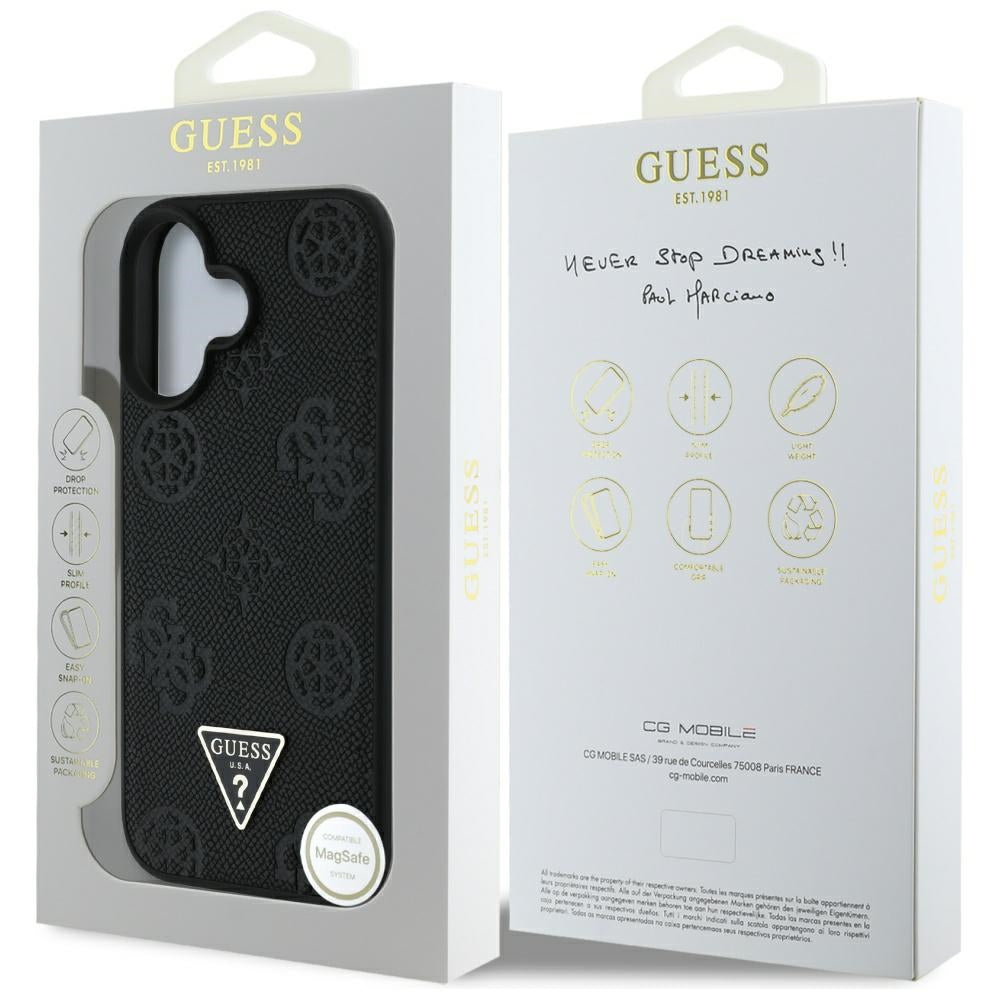 MagSafe-skal för Apple iPhone 16, Guess, Peony Grained Hot Stamp Triangle, Svart