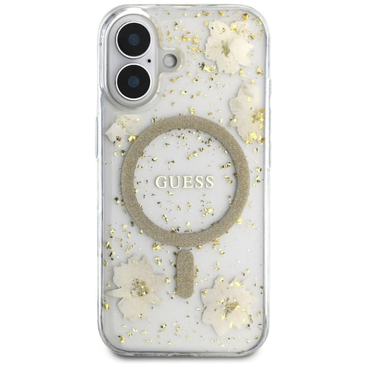 MagSafe-fodral för Apple iPhone 16, Guess, Resin Flowers and Glitter, Beige