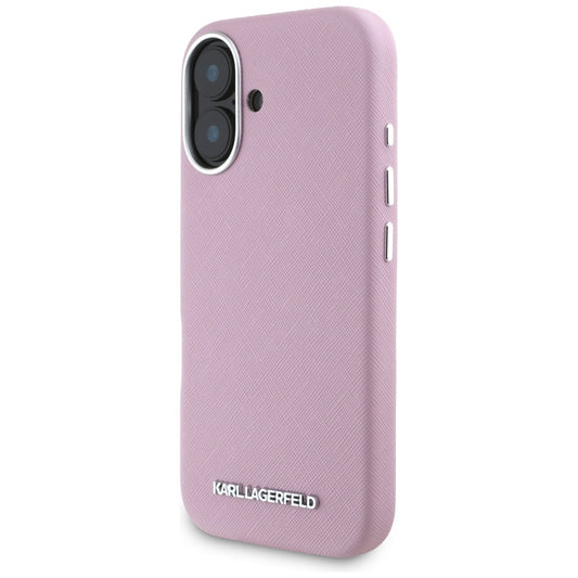 MagSafe-skal för Apple iPhone 16, Karl Lagerfeld, Saffiano Full Wrapped Elongated Metal Logo, Rosa