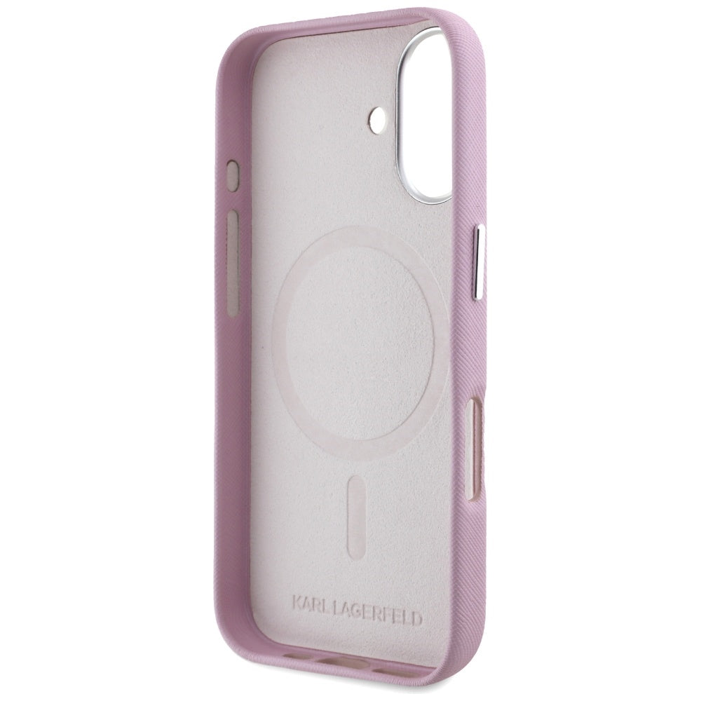 MagSafe-skal för Apple iPhone 16, Karl Lagerfeld, Saffiano Full Wrapped Elongated Metal Logo, Rosa